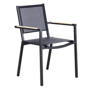 New Style Aluminium Outdoor Dining Sling Chair mit Teak Armlehne für Hotel Restaurant