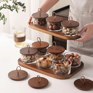 Japanese Style Multi Compartment Glass Dish With Lid Wooden Pattern Serving <b>Tray</b> For Dried Fruit Snack <b>Storage</b> Home Use - Product Image 1