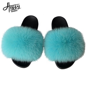 Happyslides sandali di peluche vera pelliccia di <span class=keywords><strong>visone</strong></span> diapositive 2023 grandi diapositive di pelliccia Bulk donne pantofole pelose Logo diapositive di pelliccia blu - Product Image 2