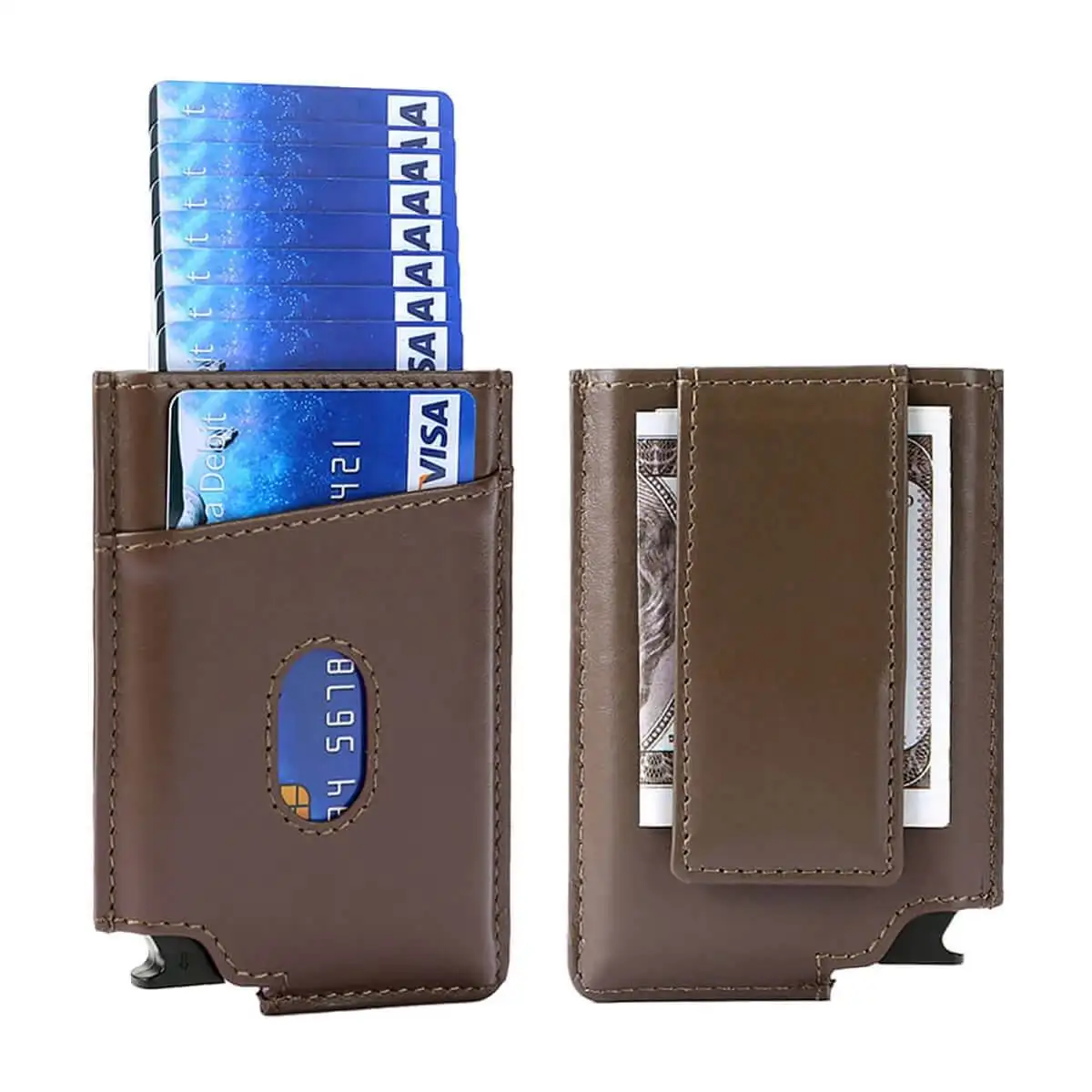 공장 직구 전문 알루미늄 팝업 지갑 슬림 미니멀리스트 남성용 RFID 차단 가죽 신용 카드 홀더