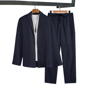 Ensemble décontracté élégant pour homme en 2 pièces, chemise à manches longues, pantalon uni, mode outdoor, 100% polyester, automne - Product Image 1