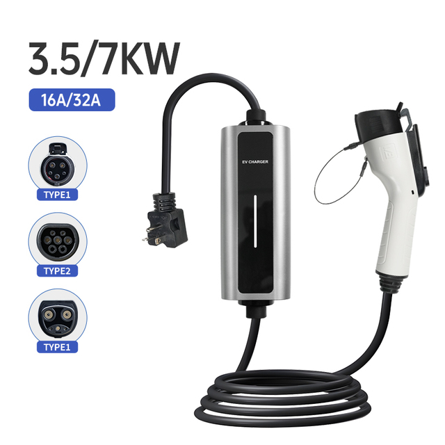 Portable 32A/7KW EV Charger with 5m Cable Plug & Charge Type 1/Type 2 Connectors CE Approved for Home & Travel