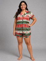 Ensemble de pyjama de Noël pour femmes en gros, imprimé rennes et flocons de neige, en satin, manches courtes, shorts, vêtements de détente, personnalisable OEM