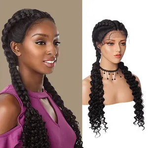Long Black Handmade Box Braided Wigs for African American Women 13x6 Glueless Synthetic Lace Front Wigs Free Part