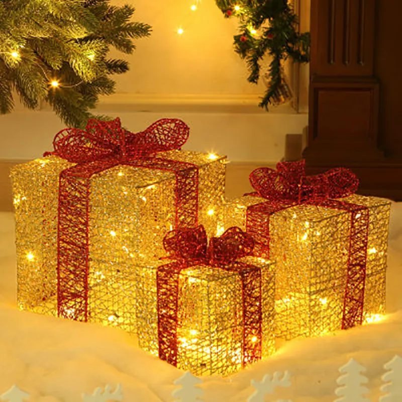 Hot Sale 3 Pcs Christmas Home Decoration Christmas Gift Box with 100 LED Lights Red/Gold Iron Lighted Gift Boxes