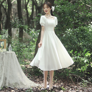 White Satin A-Line Wedding Dress Square Collar Natural Waistline For Marriage Registration Bridesmaid Dress X079 - Product Image 4