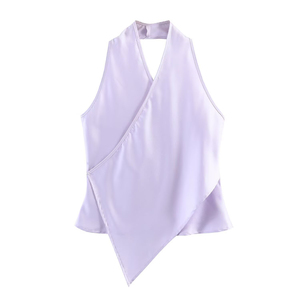 Chemisier en satin à col halter asymétrique sans manches pour femme 2026 – Haut élégant et sexy en satin texturé pour soirée et été - Product Image 1