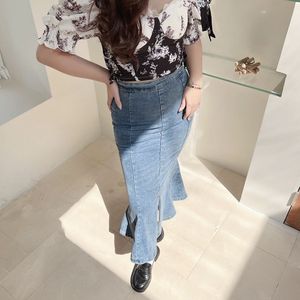 Falda vaquera de talla grande para mujer, cintura alta, elástica, con abertura de cola de pez, color liso, estilo trompeta sirena N8313 - Product Image 4