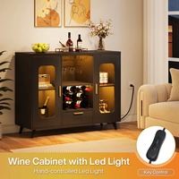 Meuble bar moderne en bois noir avec éclairage LED, prises électriques, portes à battants, rangement pour vin et café pour la maison