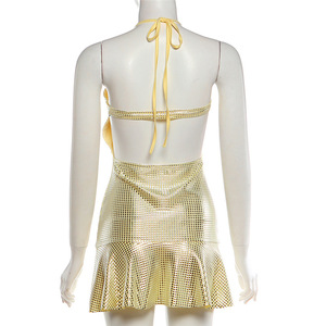 เดรสสั้นคอ halter สำหรับผู้หญิง แต่งดีเทลเว้า ตัดเย็บด้วยผ้าตาข่ายประดับคริสตัล/เมทัลลิก ชายกระโปรงบาน เหมาะสำหรับงานปาร์ตี้และไนท์คลับ แฟชั่นทันสมัย - Product Image 6