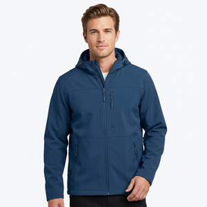 Veste décontractée imperméable pour homme avec col montant, logo frontal, capuche, manches longues, printemps automne, bleu foncé/gris/noir, fermeture éclair - Product Image 1