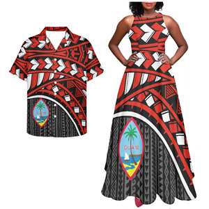 Tenues assorties pour couple à imprimé tropical rose de Guam pour les vacances à la plage, robe sans manches pour <span class=keywords><strong>femme</strong></span> et chemise hawaïenne pour homme - Product Image 4