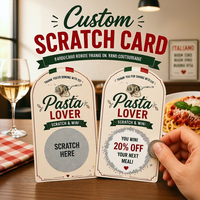 Tarjeta Rasca y Gana de Cartón Personalizada con Impresión Serigráfica para Restaurante Italiano, Tarjeta de Premio Promocional para Amantes de la Pasta - Marketing para Negocios de Comida