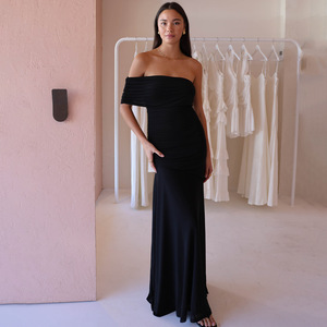 Vestido largo de un solo hombro estilo europeo americano, vestido de noche translúcido con lazo asimétrico para mujer, ropa informal - Product Image 4