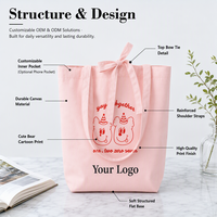 Sac fourre-tout en toile rose clair moyen personnalisé avec logo, imprimé dessin animé, avec longue anse, pour publicité, vente en gros d'usine OEM