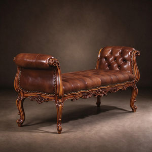 Panca per Fondo Letto in Legno Massello Intagliato Stile Americano Antico, Chaise Longue in Vera Pelle per Arredamento <span class=keywords><strong>Camera</strong></span> <span class=keywords><strong>da</strong></span> Letto di Lusso - Product Image 1
