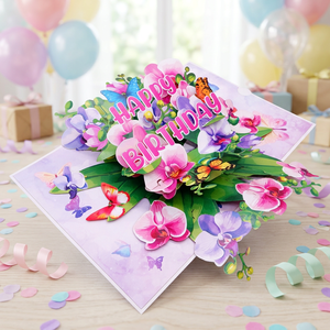 Carte d'anniversaire 3D pop-up florale, orchidées, papillons, design découpé, forme rectangulaire, papier cartonné, carte de vœux faite à la main, Viet-craft - Product Image 1