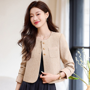 Beige Blazer For Women Spring Autumn 2024 Slim Fit Anti Wrinkle Solid Color Polyester Worsted Jacket - Product Image 3