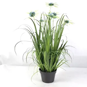 Decor Waterproof Indelible Color Artificial Five-Headed Flor En Maceta Artificial Blue Hydrangea Bonsai Onion Grass Potted Plant