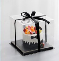 Vente en gros de boîtes à gâteaux carrées transparentes en plastique de qualité alimentaire pour mariage, 6, 8, 10, 12, 14 pouces, boîtes à gâteaux noires transparentes avec ruban gratuit