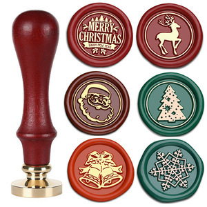 Ensemble de tampons à cire en bois de Noël avec motifs de rennes, Père Noël, sapin, flocon de neige et cloche pour la création artisanale et la scellure de cadeaux de Noël - Product Image 1