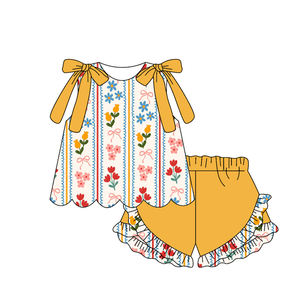 Conjuntos de Ropa Casual con Estampado Floral para Niñas, Boutique RTS, Diseños Nuevos de Primavera y Otoño, Transpirables, con Borde Festoneado, Shorts para Hermanas - Product Image 5