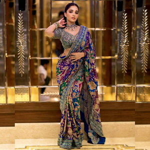 Sari en soie indien de créateur, tendance, avec broderies miroir, dernière collection, avec chemisier exclusif, qualité supérieure, infroissable, ethnique, pour mariée - Product Image 1