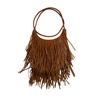 Sac à bandoulière marron caramel à franges et pompons pour femme, style bohème, forme croissant, sac hobo, sac bandoulière avec fermeture éclair