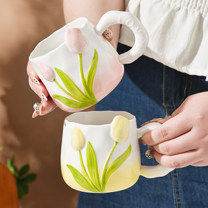 New Product Hand-Painted 3D Tulip Relief <b>Ceramic</b> <b>Mug</b> Flower Coffee Cup Exquisite Birthday Gift <b>Mug</b> - Product Image 5