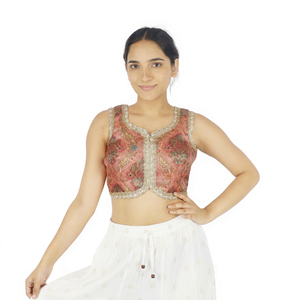 Blusa Corta de Gasa con Estampado Floral Tradicional para Mujer, con Volantes, Manga Corta, 100% Seda, para Uso Diario y Fiestas - Product Image 1