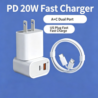 Charger Dinding Cepat Dual USB+Type C dari Gudang AS, USB C PD 20W Qc3.0, Adaptor Daya untuk Apple iPhone, Colokan AS, Pengisi Daya Cepat