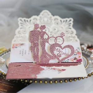 Carte de vœux 3D rose scintillante ajourée pour mariage, invitation de mariage en stock - Product Image 2
