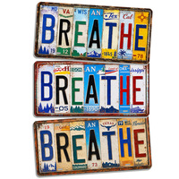 Letrero Metálico Vintage con la Palabra 'Breathe', Placa de Metal Rústica, Póster Metálico Personalizado, Decoración de Pared Estilo Cabaña Antigua
