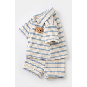 Haut à manches courtes en tricot rayé pour bébé garçon, avec patch ours et ensemble short assorti, tenue décontractée - Product Image 3