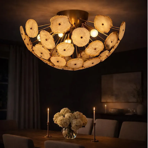Round Brass Chandelier with Blue Agate Starburst <b>Shade</b> 3500K Warm <b>White</b> LED Blue/Gold Finish for Living Room Ceiling <b>Lamp</b> - Product Image 5