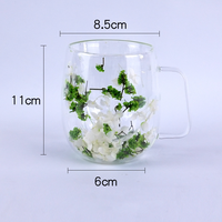Tasse en verre créative 350 ml à double paroi, résistante à la chaleur, avec fleurs séchées, avec anse, pour jus, bière, lait