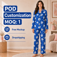 Ensemble de pyjama personnalisé pour femme en polyester bleu roi avec motif flocon de neige et col cranté, idéal pour Noël, livraison directe (POD) à partir d'une pièce (MOQ 1PC)