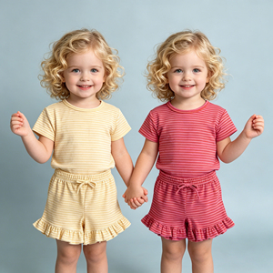Ensemble court rayé en tissu éponge doux pour filles, taille 2T, tenue d'été à volants pour tout-petits, ensemble de jeu pour enfants - Product Image 3