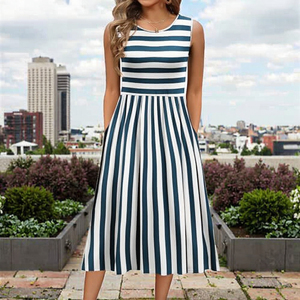 Robe midi moulante sans manches à imprimé numérique, col bustier, décontractée, d'été, tissée, respirante, pour femme, unie - Product Image 3