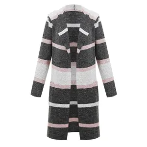 Taglie forti stile invernale da donna <span class=keywords><strong>cappotto</strong></span> aperto a maniche lunghe lavorato a maglia con risvolto multicolore a righe Cardigan maglione da donna giacche e cappotti - Product Image 1