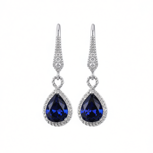 Boucles d'oreilles pendantes en pierre bleue, argent 925, serti clos en forme de goutte d'eau, bijoux de mariage classiques pour femmes - Product Image 1
