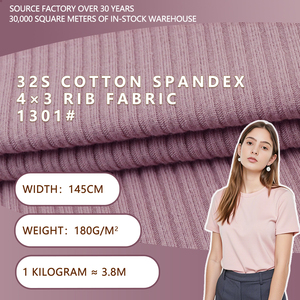 ผ้าถักคอตตอนสแปนเด็กซ์ 32S ลายริบ 4x3 กว้าง 145 ซม. น้ำหนัก 180 กรัมต่อตารางเมตร ยืดได้สองทิศทาง เหมาะสำหรับเสื้อยืด เสื้อซับใน และเสื้อผ้า - Product Image 1