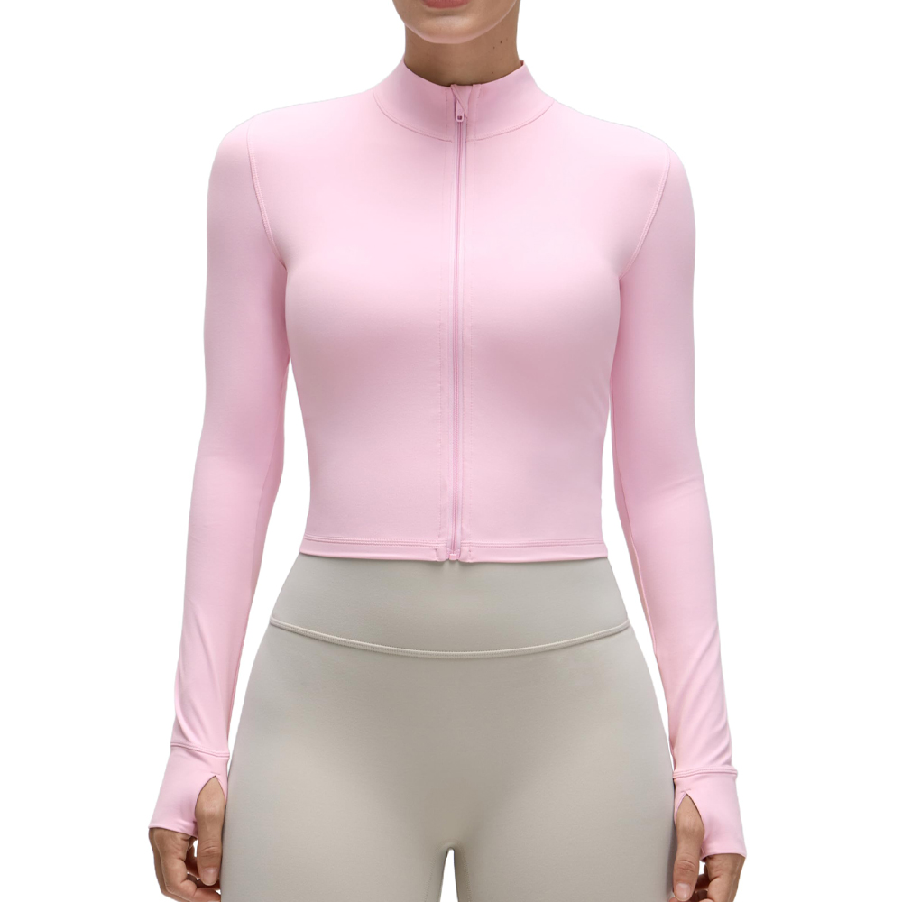 Custom Cloud Soft Cropped Yoga Jacket Stand Collar Full Zip Thumbholes Pockets Weightless Women Gym Activewear Track Top Coat