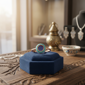 Sapphire and Turquoise <b>CZ</b> Stone Double Round Design Cluster <b>Ring</b> Wholesale Turkish Jewelry 925 Sterling Silver Jewelry - Product Image 3