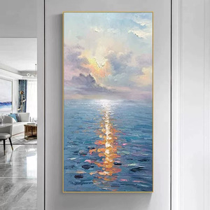 Hand Painted Oil Painting Seascape Sunrise Blue Tone <b>Framed</b> Impressionism Art For Entryway Hallway <b>Wall</b> Decor - Product Image 1