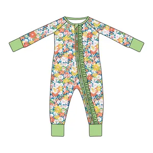 Macacão de bebê com zíper para roupas de algodão orgânico de bambu com estampa reativa personalizada por atacado, macacão de bebê macio