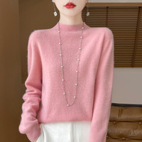Pull en laine 100% pure tricoté pour femme, style coréen, hiver, décontracté, col roulé mi-haut, bouton unique, chaud et doux