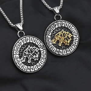 Vintage Nordic <b>Style</b> Geometric Asymmetrical Men's Stainless Steel Wolf <b>Head</b> Pendant Necklace Viking Rune Design for Fashion - Product Image 1