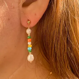 Colorful Rainbow Seed Beaded Pearl Stud Earrings 18K Gold Plated Stainless Steel Freshwater Pearl Earrings