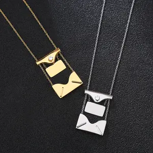 Custom Engraved Love Letter Envelope Pendant Necklace Retractable Crystal Opeanable Stainless Steel Necklace For Couples